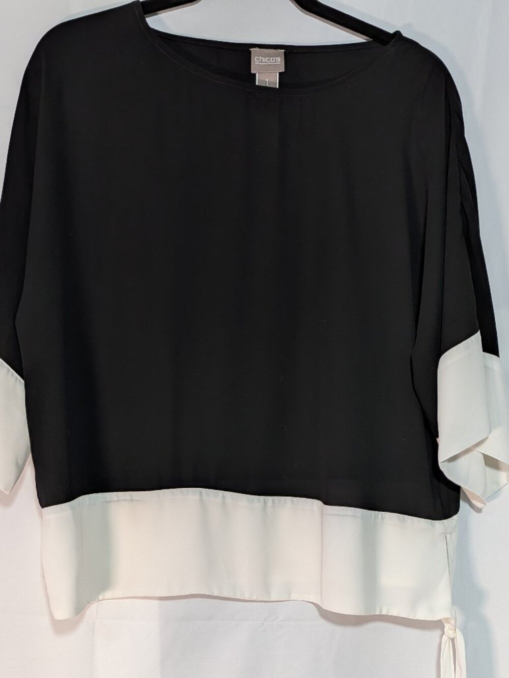 Chico's Black Blouse with White Contrast Hem and Cuffs